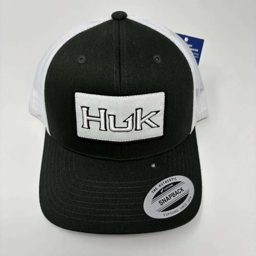 Huk Hat Cap Snap‎ Back Dark Green White Mesh Trucker Patch Fishing Embroidered